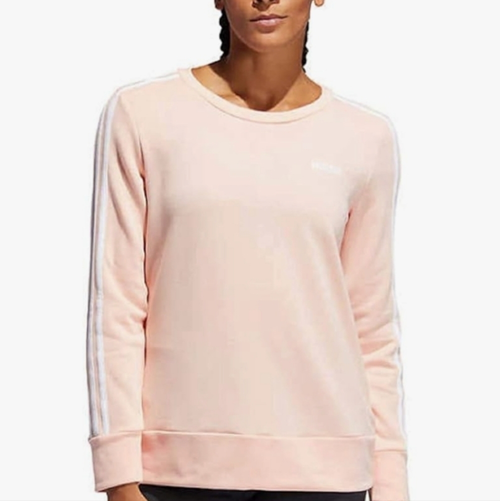 Adidas Women's Medium Spellout Three Stripes Pullover Crewneck Sweatshirt Pink